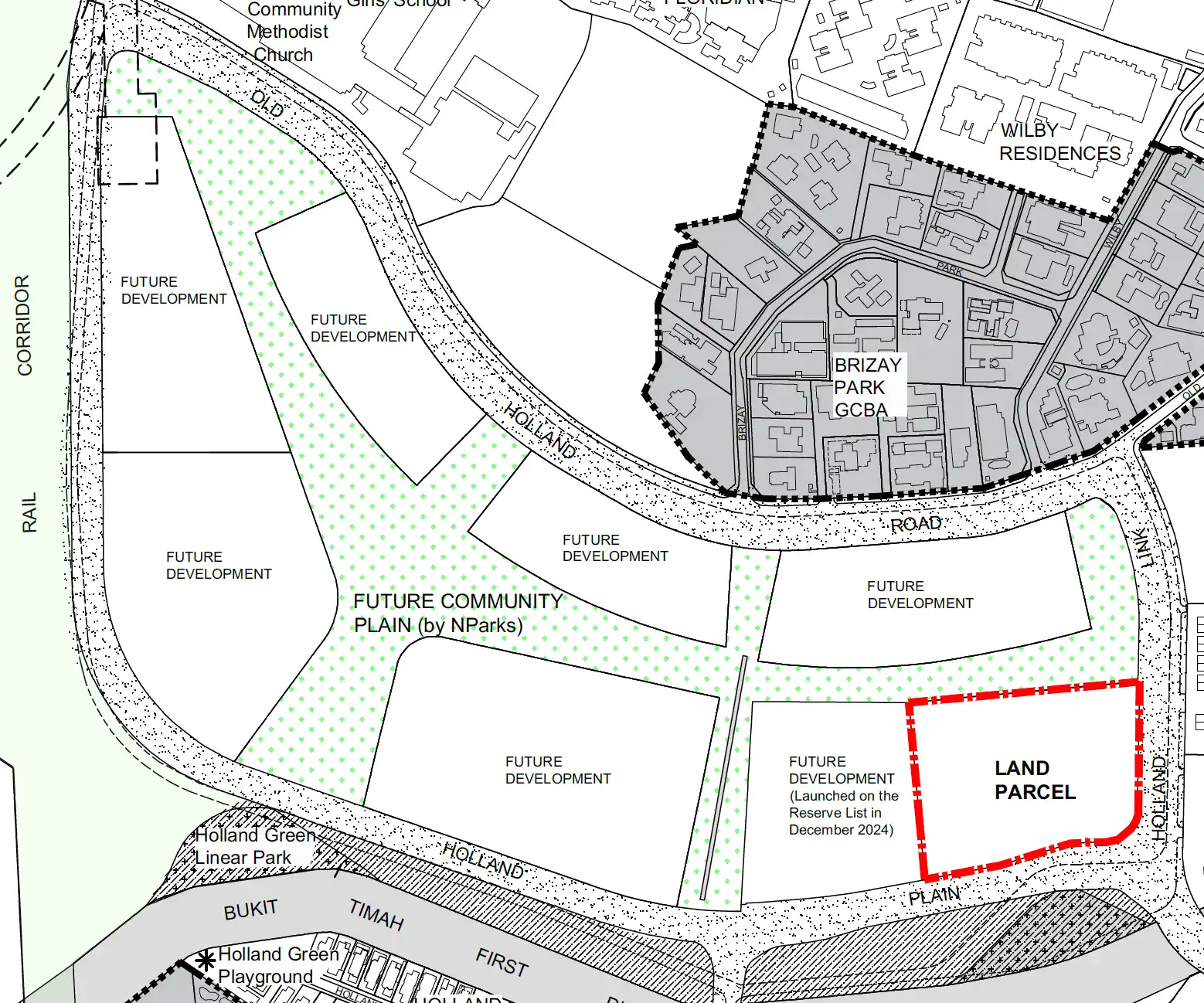URA Location Plan showing Amberwood at Holland land parcel bordered by Brizay Park GCBA and the future Community Plain, Holland Plain precinct, District 10
