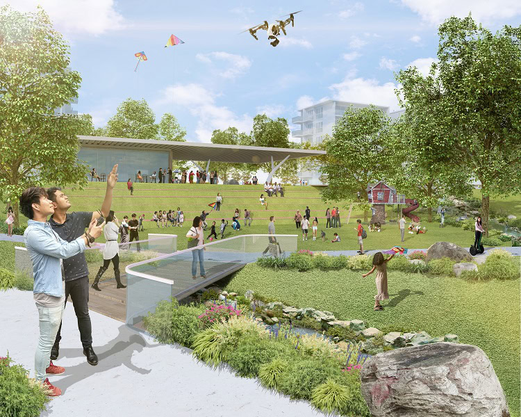 ura holland plain community park artists impression 2017 URA artist's impression of the Holland Plain community park showing landscaped terraces, a water feature, pavilion, and families in a low-rise residential precinct in District 10, Singapore