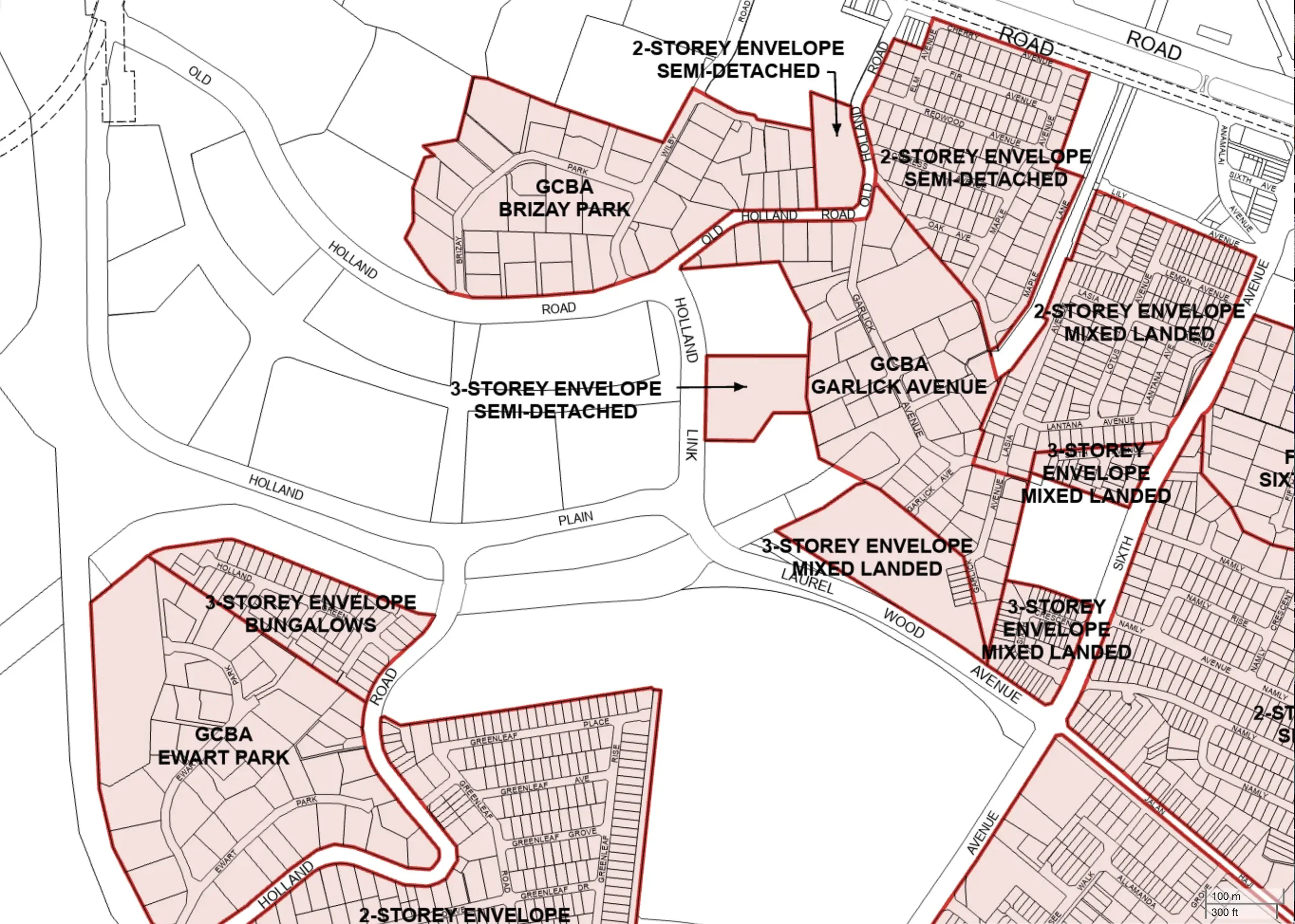ura master plan holland plain gcba landed zoning 2025 scaled URA Master Plan landed housing zoning map showing three Good Class Bungalow Areas surrounding Holland Plain precinct: GCBA Brizay Park to the north, GCBA Garlick Avenue to the east, and GCBA Ewart Park to the south-west, with 2 and 3-storey envelope landed housing controls