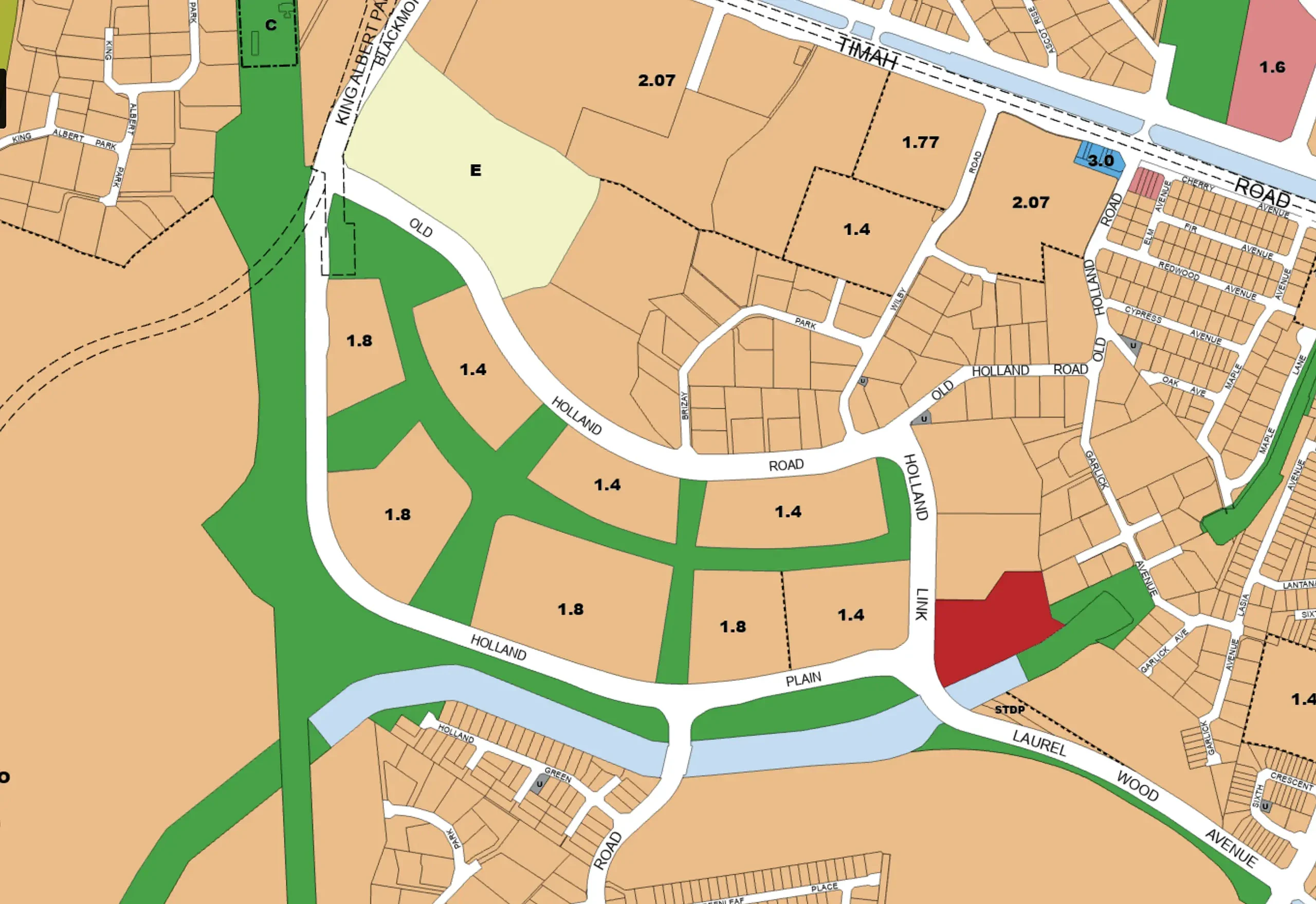 ura master plan holland plain plot ratio 2025 scaled URA Master Plan plot ratio map of Holland Plain precinct, District 10, showing plot ratios of 1.4 (Holland Link) and 1.8 (Holland Plain GLS sites), green corridors, and the Bukit Timah First Diversion Canal
